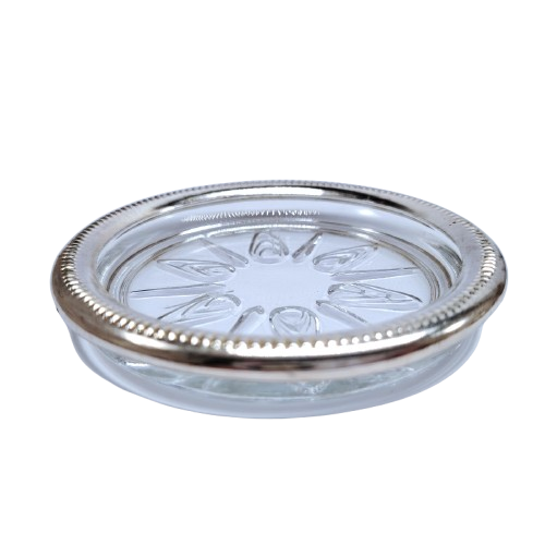 Set of four cut glass and silver coasters in stand