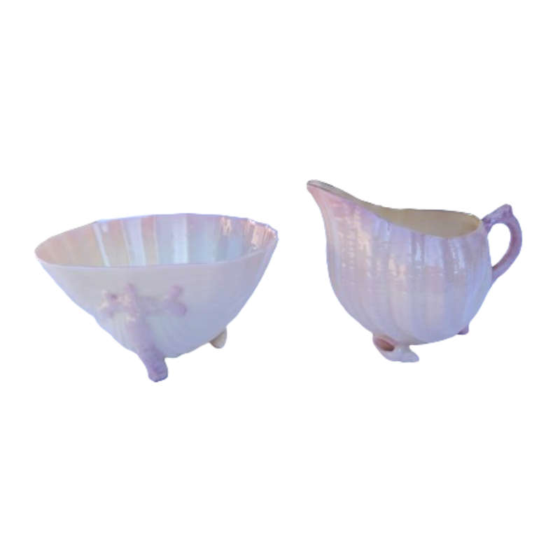 Rare Belleek Neptune Shell Pink Luster Milk Jug and Sugar Bowl