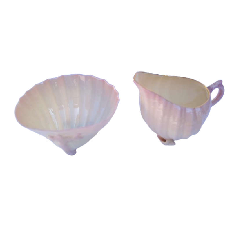 Rare Belleek Neptune Shell Pink Luster Milk Jug and Sugar Bowl