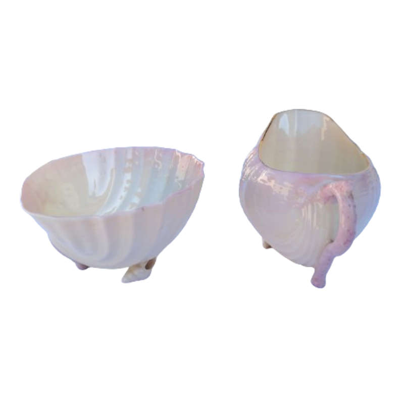 Rare Belleek Neptune Shell Pink Luster Milk Jug and Sugar Bowl