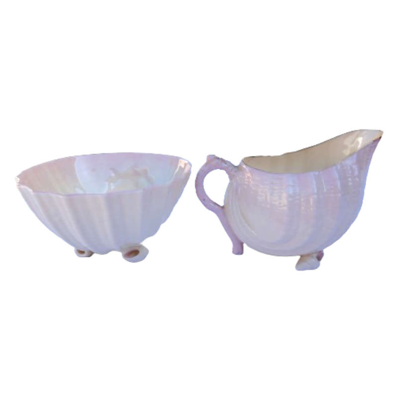 Rare Belleek Neptune Shell Pink Luster Milk Jug and Sugar Bowl