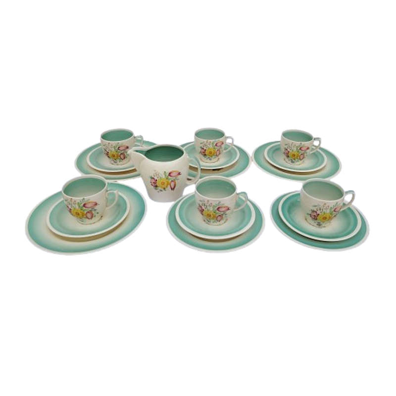Royal Vale Bone China with blue & grey leaf  Tea Set