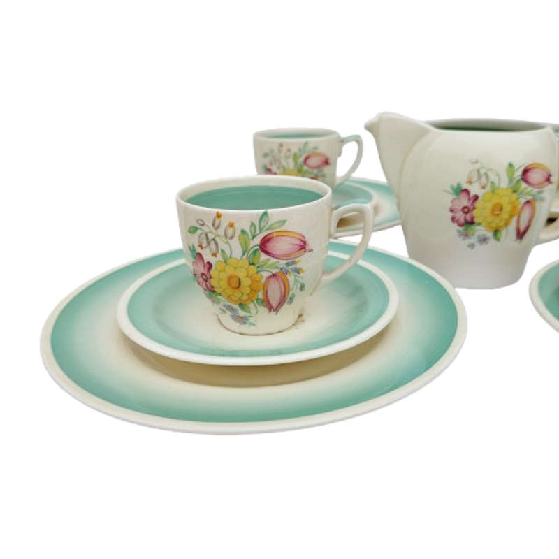 Royal Vale Bone China with blue & grey leaf  Tea Set