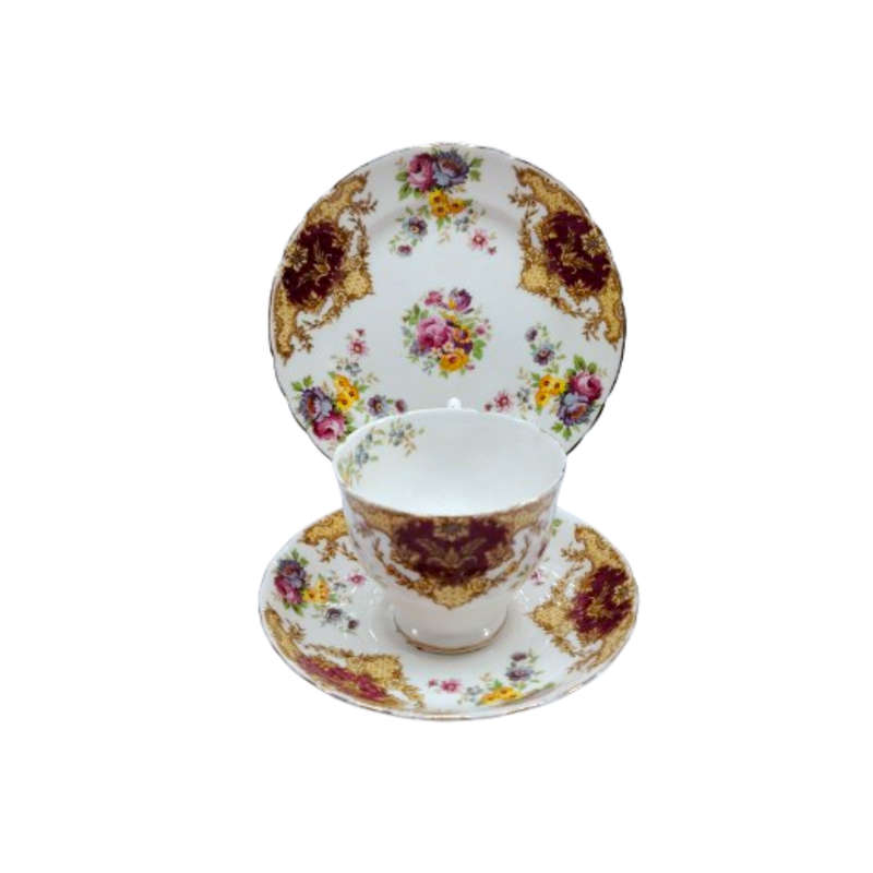 Tuscan Burgundy Provence Teacup Trio Set - High Tea at Home