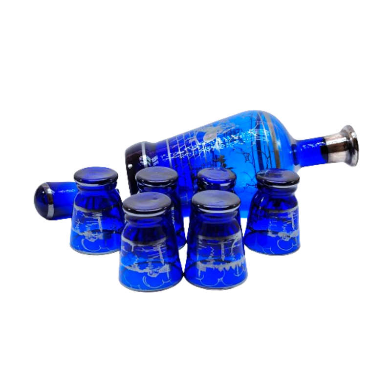 Venetian cobalt blue glass decanter with liqueur glasses silver overlay