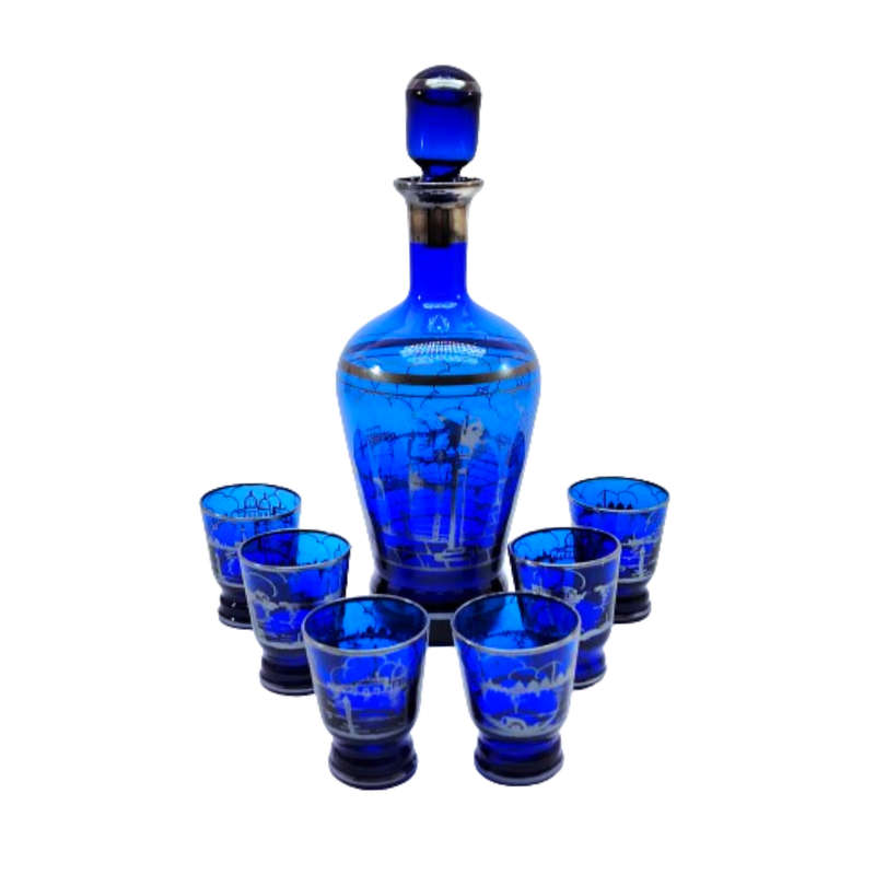 Venetian cobalt blue glass decanter with liqueur glasses silver overlay