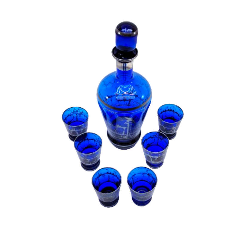 Venetian cobalt blue glass decanter with liqueur glasses silver overlay