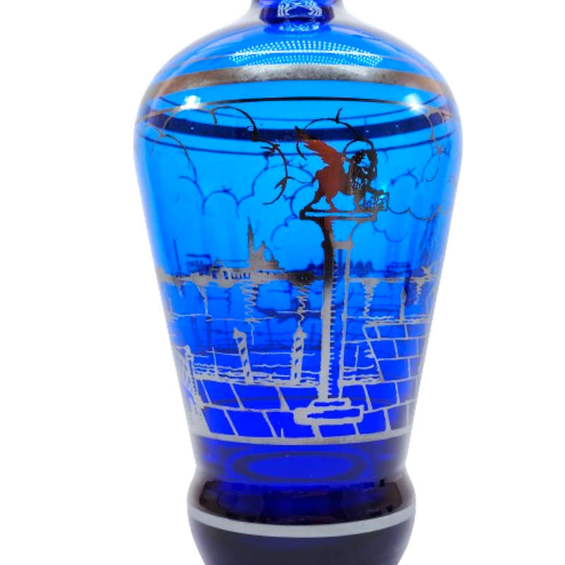 Venetian cobalt blue glass decanter with liqueur glasses silver overlay