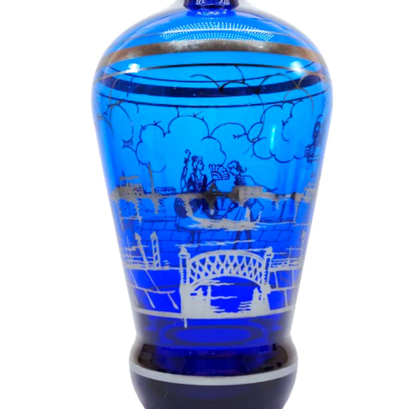 Venetian cobalt blue glass decanter with liqueur glasses silver overlay