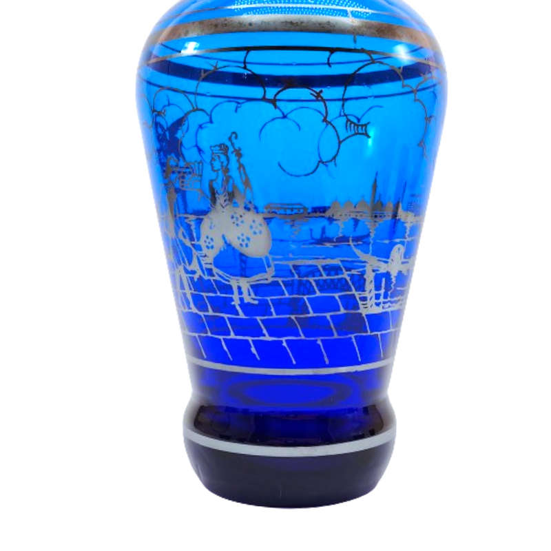 Venetian cobalt blue glass decanter with liqueur glasses silver overlay