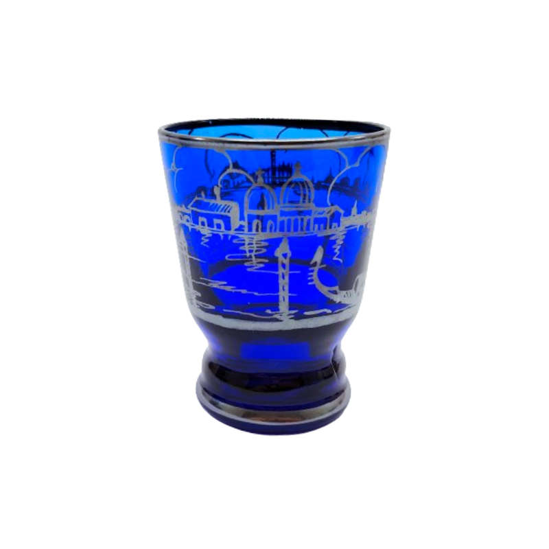 Venetian cobalt blue glass decanter with liqueur glasses silver overlay