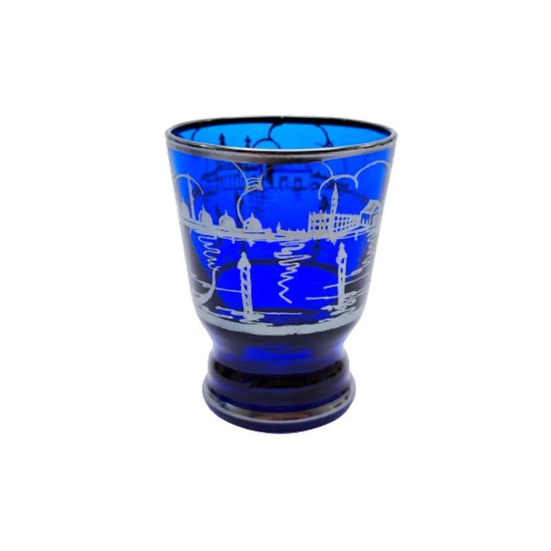 Venetian cobalt blue glass decanter with liqueur glasses silver overlay