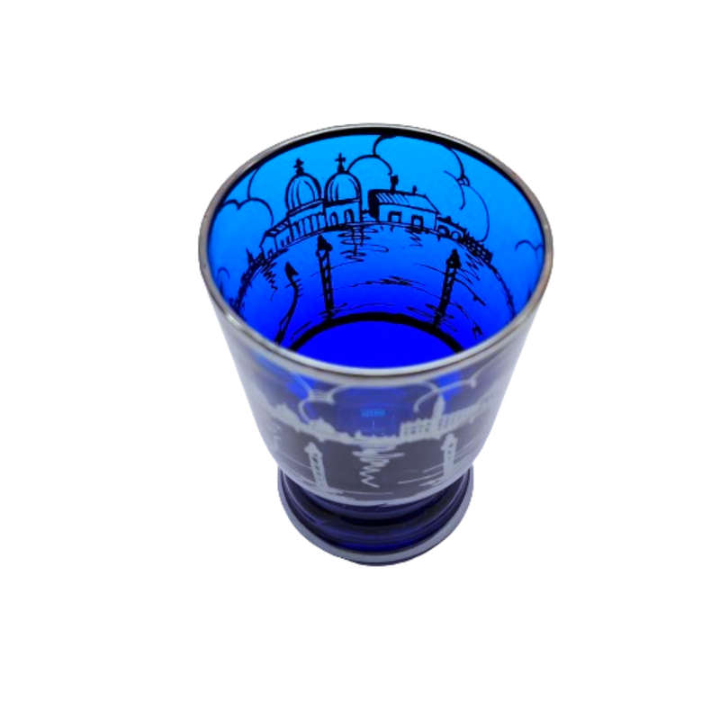 Venetian cobalt blue glass decanter with liqueur glasses silver overlay