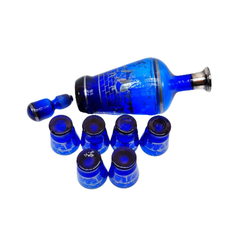 Venetian cobalt blue glass decanter with liqueur glasses silver overlay