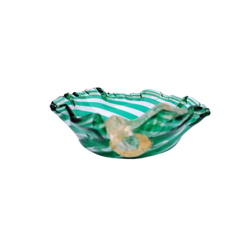 Mid Century Italian Art Glass Green Stripe and Gold Dish