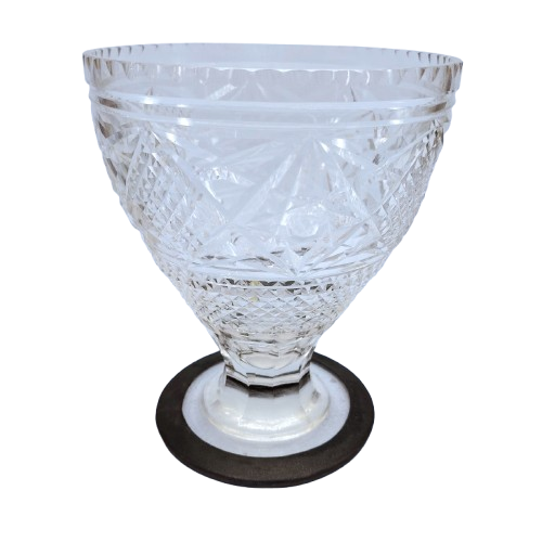 Heavy Cut Glass Crystal Footed Bowl Pewter Rim