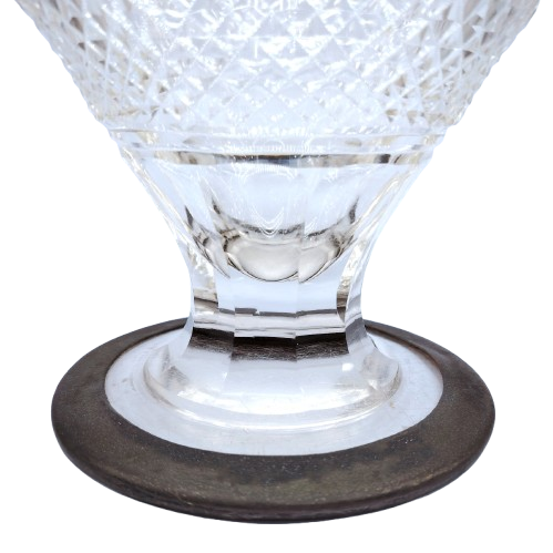 Heavy Cut Glass Crystal Footed Bowl Pewter Rim
