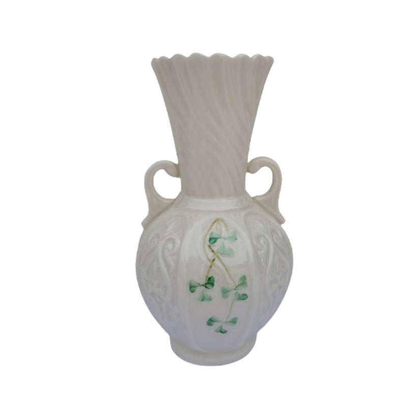 Belleek Shamrock Pattern 8 Panel Double Handled Vase