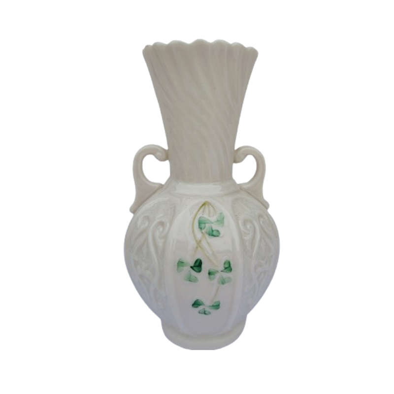 Belleek Shamrock Pattern 8 Panel Double Handled Vase
