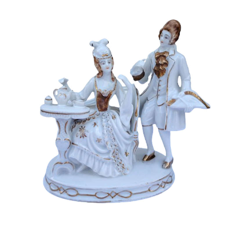 Gold Gilt Figurine Man Standing and Woman Sitting by Tea Table