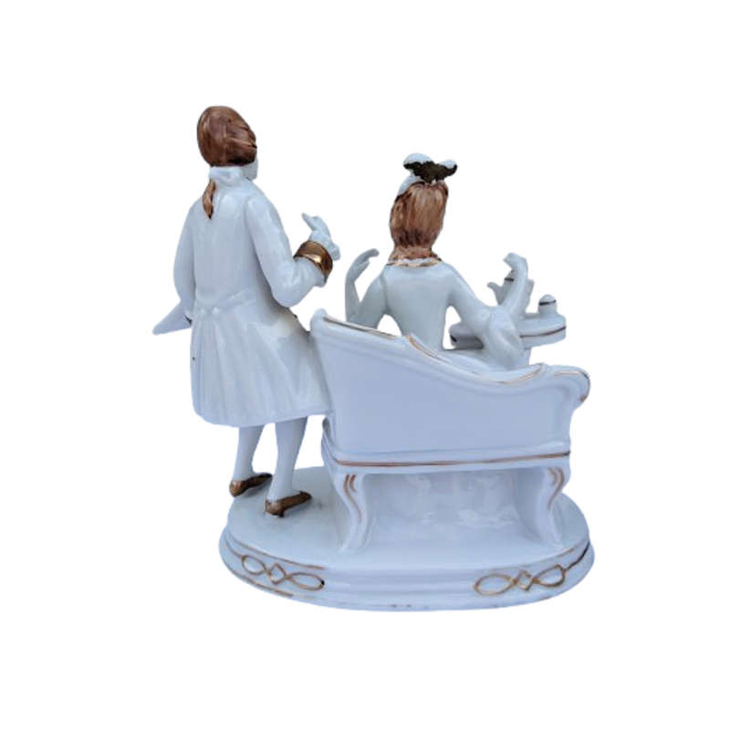 Gold Gilt Figurine Man Standing and Woman Sitting by Tea Table