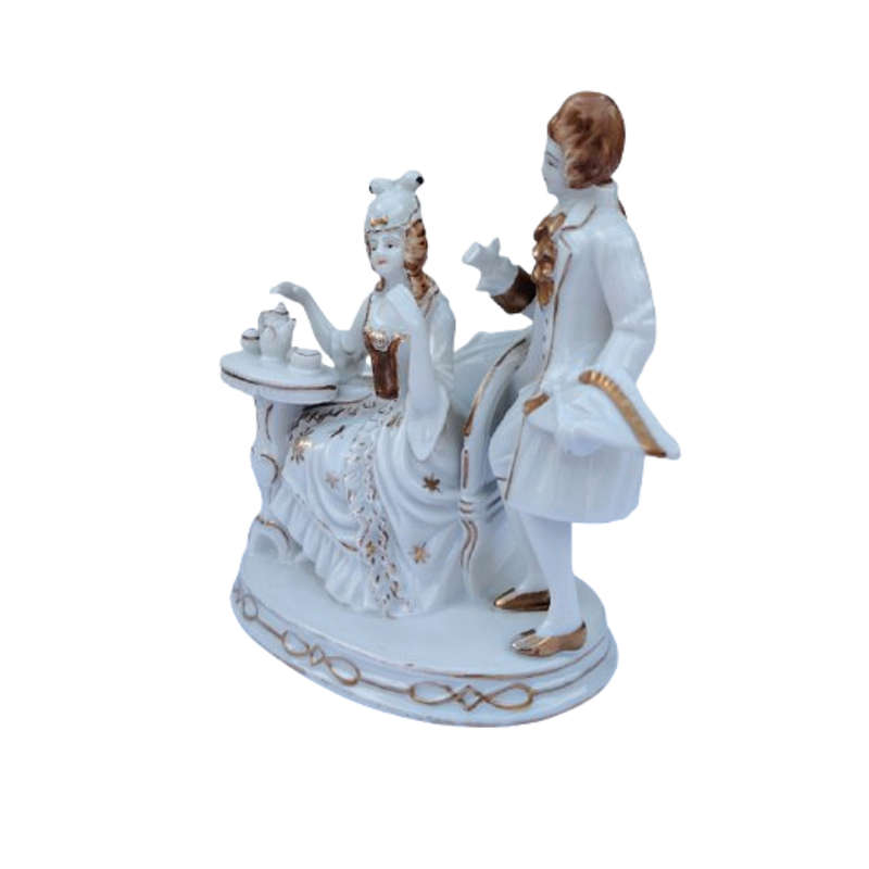 Gold Gilt Figurine Man Standing and Woman Sitting by Tea Table