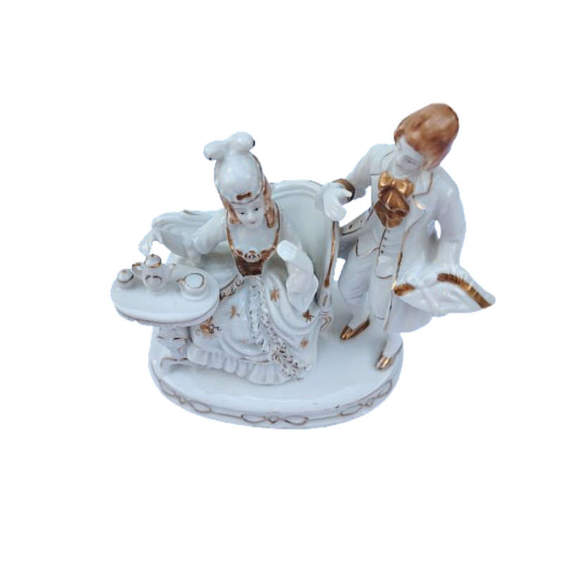 Gold Gilt Figurine Man Standing and Woman Sitting by Tea Table