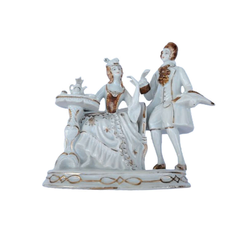 Gold Gilt Figurine Man Standing and Woman Sitting by Tea Table