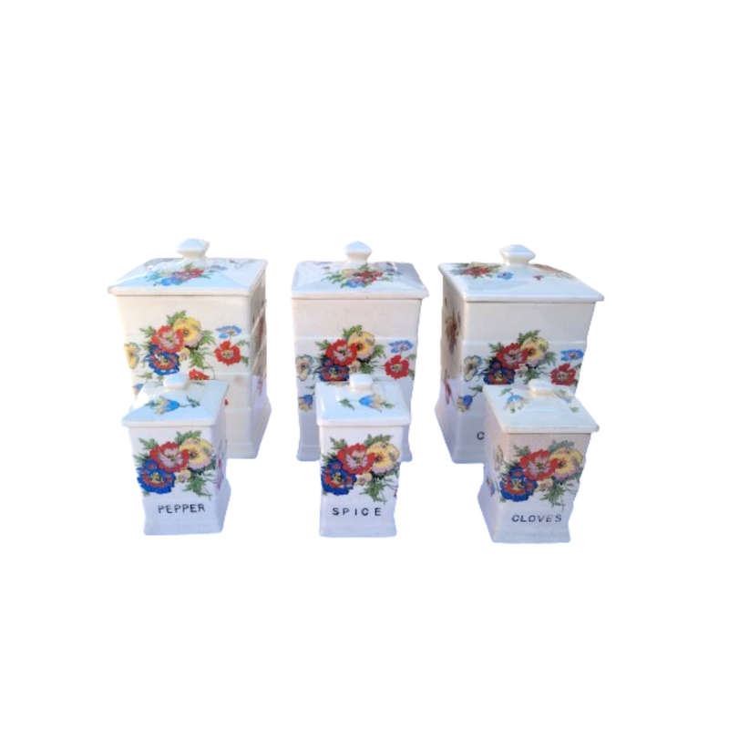 Six Vintage Ceramic Storage Lidded Pots Flower Design