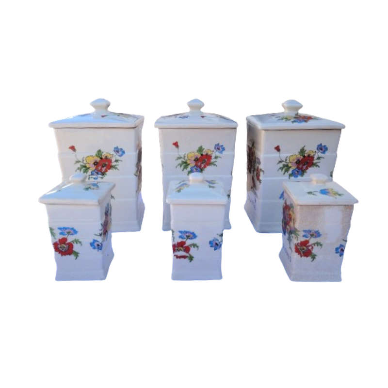 Six Vintage Ceramic Storage Lidded Pots Flower Design