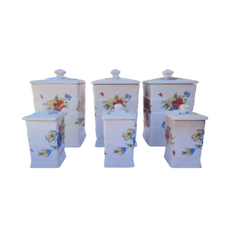Six Vintage Ceramic Storage Lidded Pots Flower Design