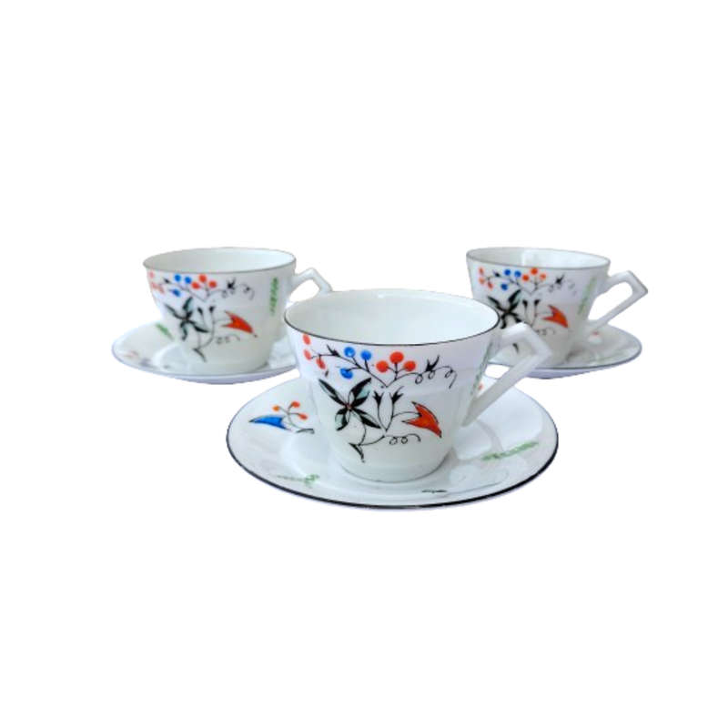 Porcelain bright orange blue and black Duo's Cups and saucers