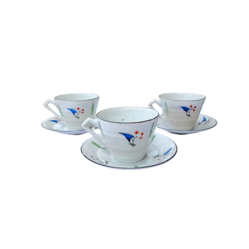 Porcelain bright orange blue and black Duo's Cups and saucers