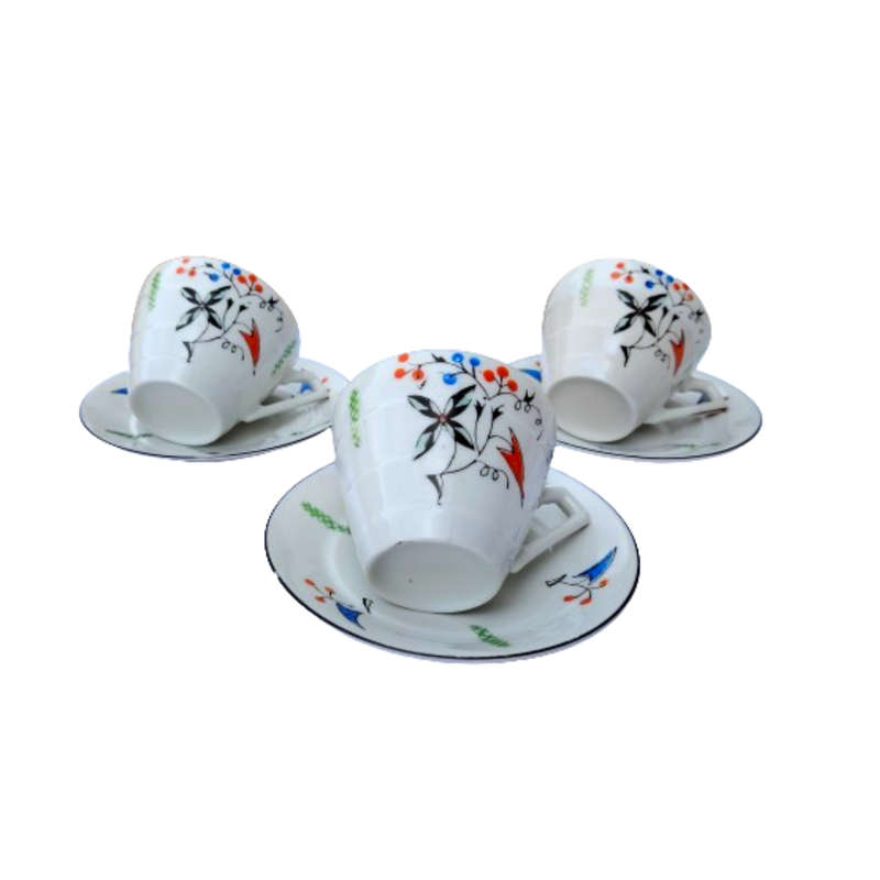 Porcelain bright orange blue and black Duo's Cups and saucers