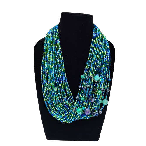 Abacus Original Beaded Necklace Stunning Blue and Green Glass Bead Bib Necklace