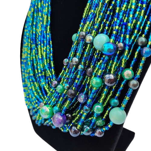 Abacus Original Beaded Necklace Stunning Blue and Green Glass Bead Bib Necklace