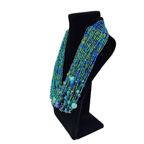 Abacus Original Beaded Necklace Stunning Blue and Green Glass Bead Bib Necklace