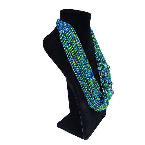 Abacus Original Beaded Necklace Stunning Blue and Green Glass Bead Bib Necklace