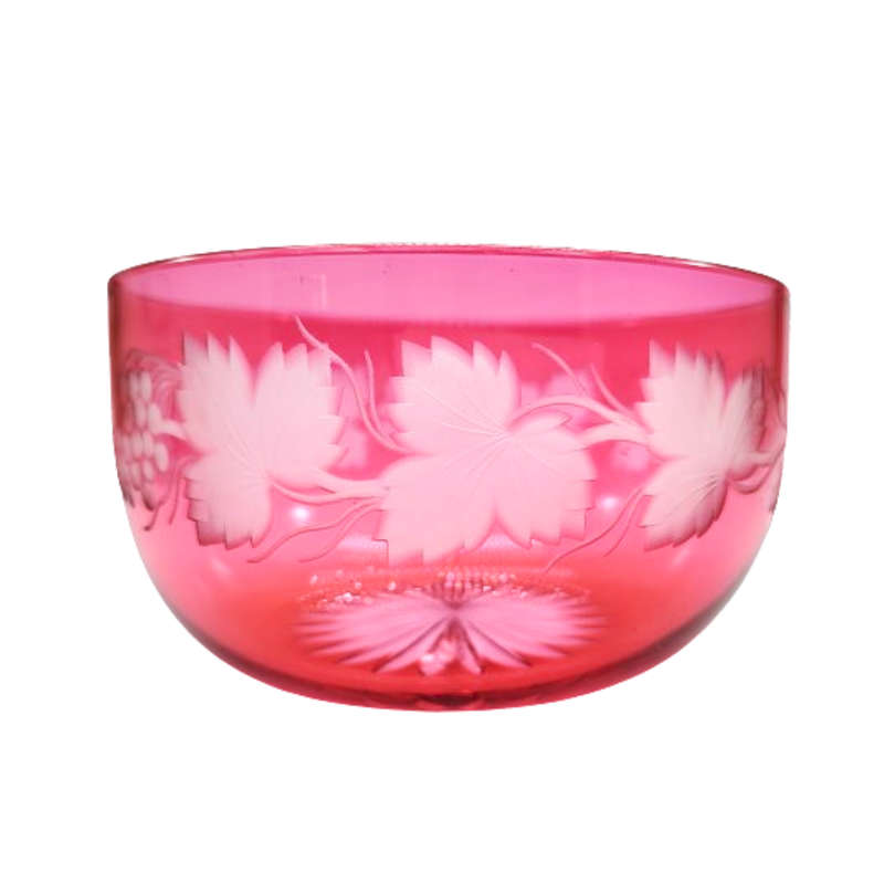 Beautiful engraved cranberry glass bowl decorated with fruiting vine