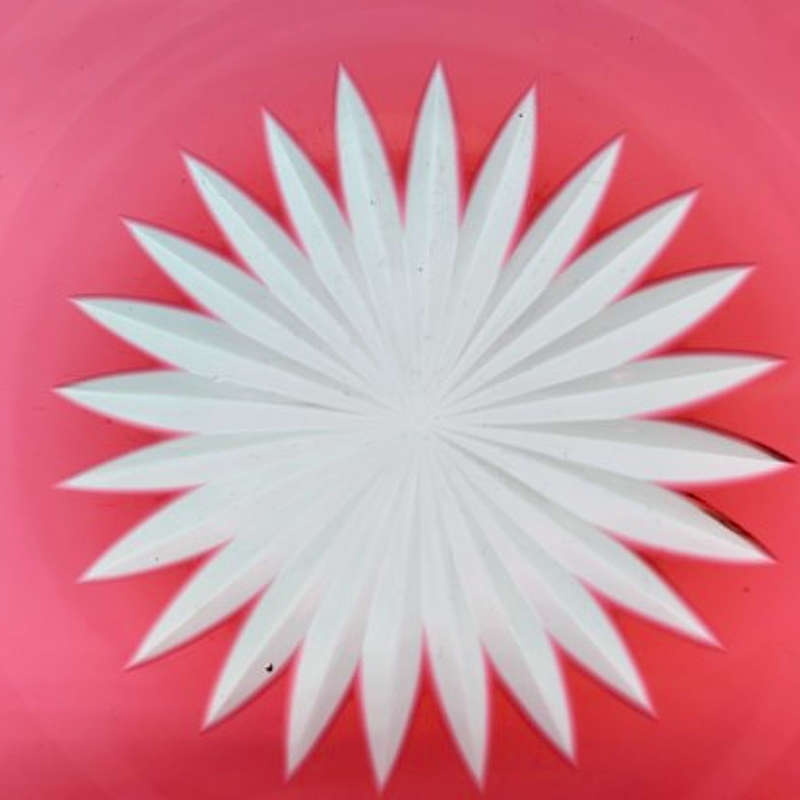 Beautiful engraved cranberry glass bowl decorated with fruiting vine