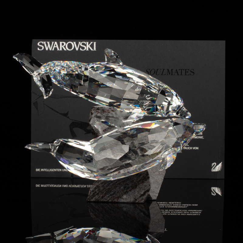 Swarovski Crystal Large and Heavy Soulmates, Stunning Dolphins on Granite