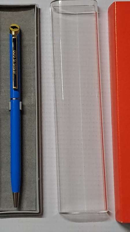 South African Pens 1 x Collectable Jesus is God Pen. No Ink. + display box (metal/light blue)