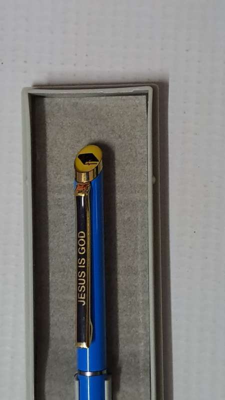 South African Pens 1 x Collectable Jesus is God Pen. No Ink. + display box (metal/light blue)