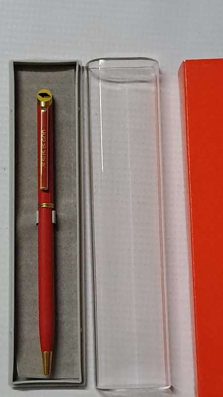 South African Pens 1 x Collectable Jesus is God Pen. No Ink. + display box (metal/red)