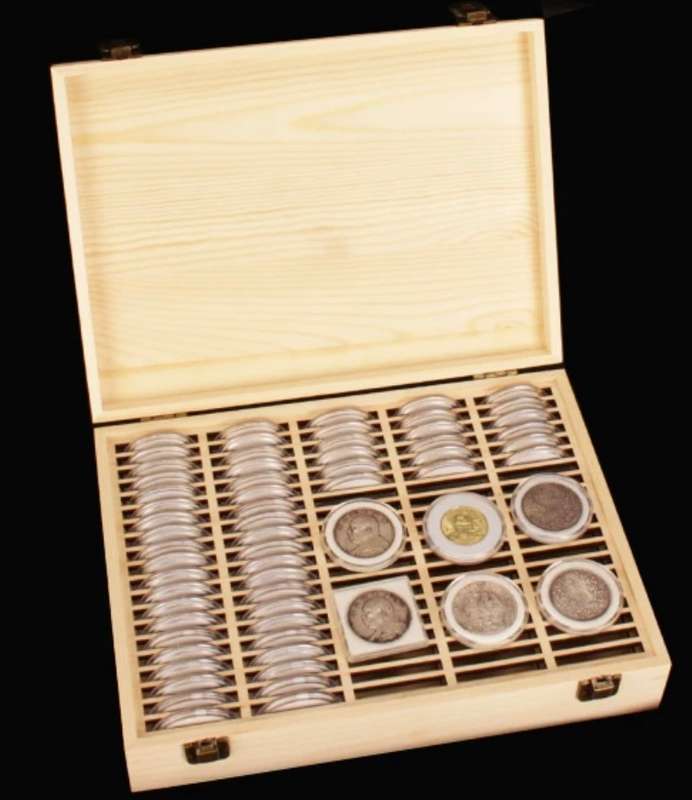 Wooden Collectors box, 46mm Coin Capsules, 100pcs, With Inner Padding.