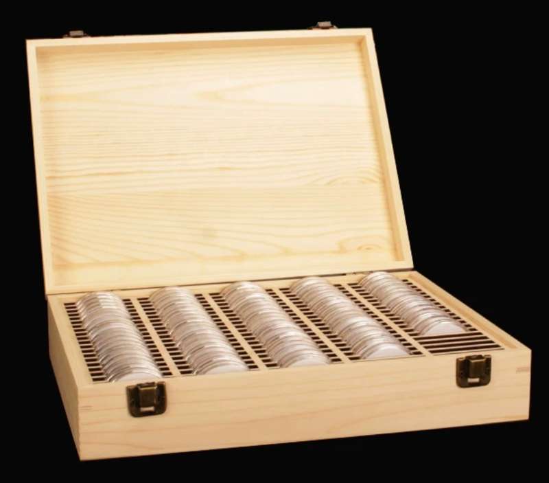 Wooden Collectors box, 46mm Coin Capsules, 100pcs, With Inner Padding.