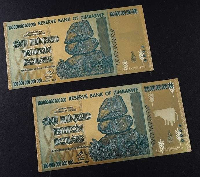 Zimbabwe 24k Gold Plated Replica of The Z$ 100 000 000 000 000, Banknote