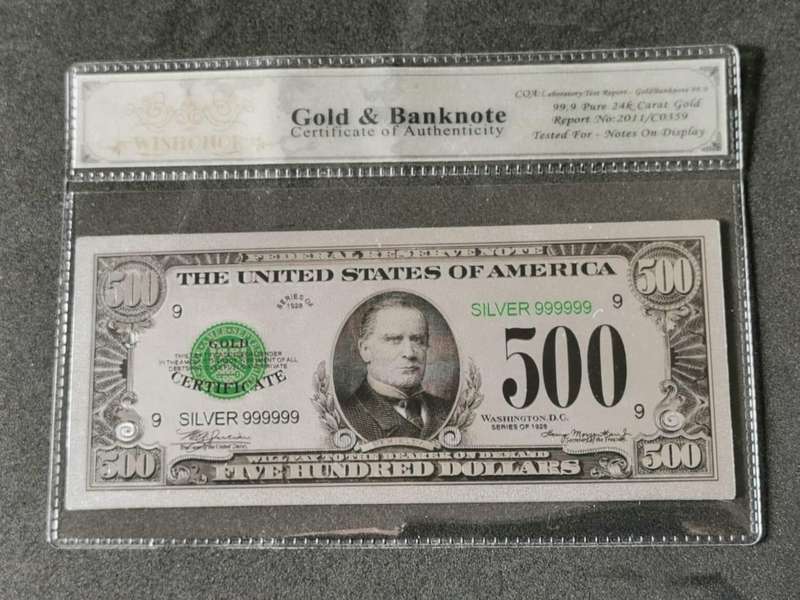 1928 USA Silver 999 Plated Replica Of The  500 Dollar Bankonte.