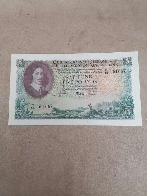 South Africa 1956 Five Pounds MH De Kock Large Banknote