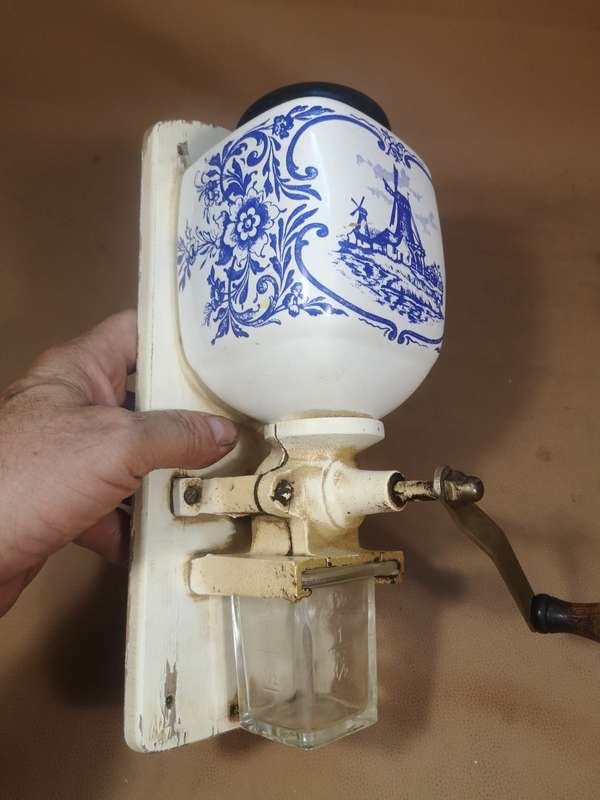 Original Antique Zassenhaus enamel coffee mill with blue and white Delft and Glass Catch Cup